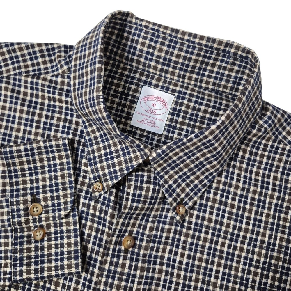 Brooks Brothers Button Down Shirt Mens XL Brown Plaid Non-Iron Cotton Pocket